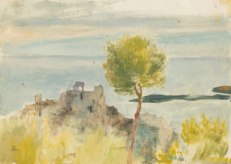 Mediterranean landscape with hills and two sheep, oil on canvas by Cornelis Ary Renan
