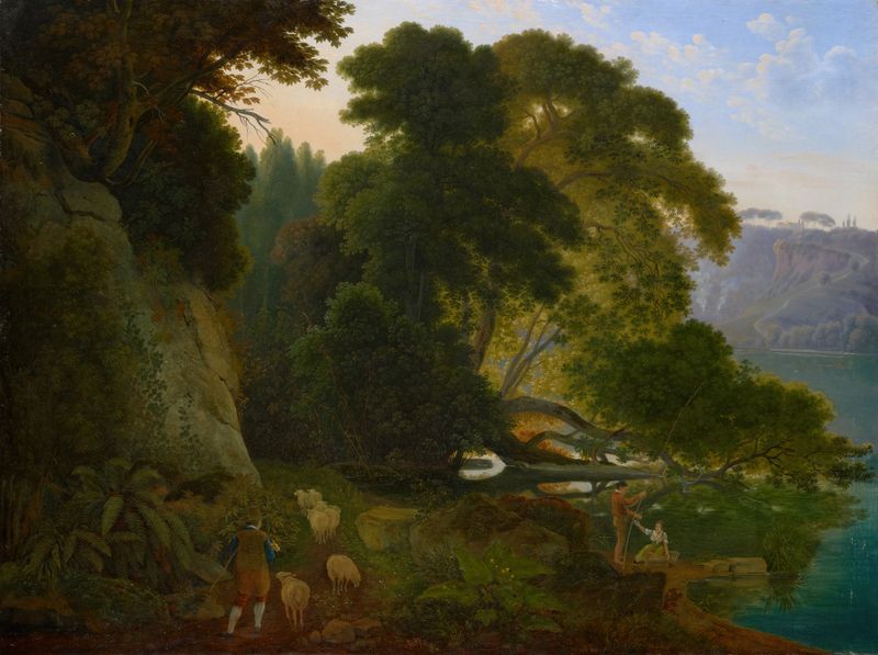 By the Lago di Nemi, óleo sobre tela de Samuel Birmann, retratando um lago tranquilo e colinas.