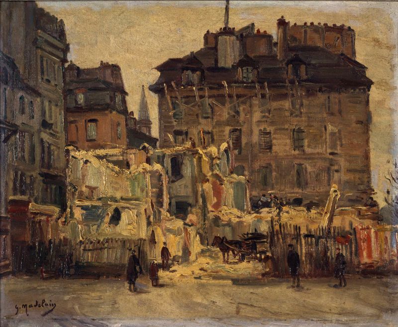 Cena de demolição urbana com trabalhadores, pintura a óleo de Gustave Madelain