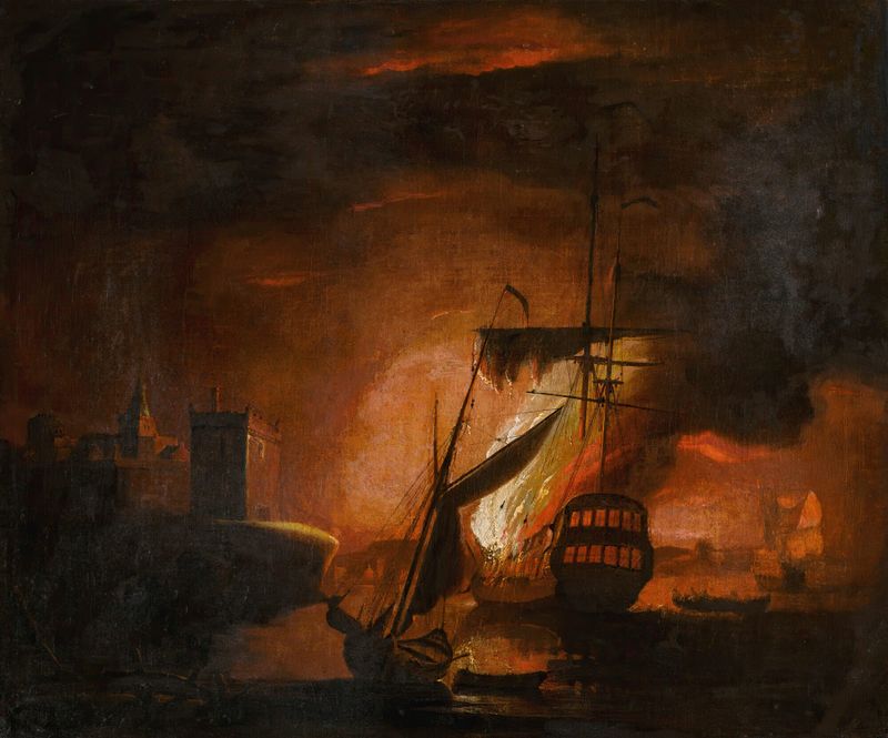 A ship engulfed in flames at night, oil painting by Peter Monamy