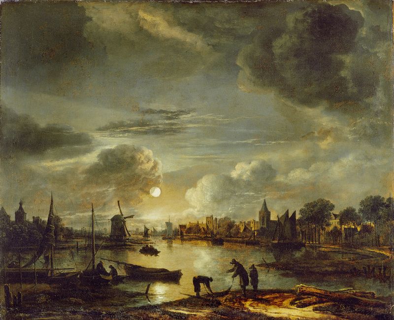 Canal Scene by Moonlight, pintura al óleo de Aert van der Neer, que representa un paisaje nocturno tranquilo.