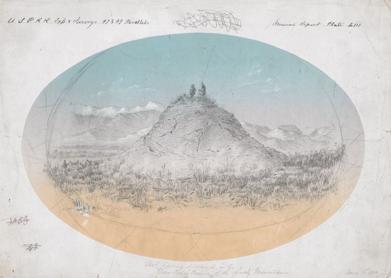 Hot Spring Mound in the ‘Deer Lodge’ Prairie of the Rocky Mountains, watercolor on paper by Gustav Sohon