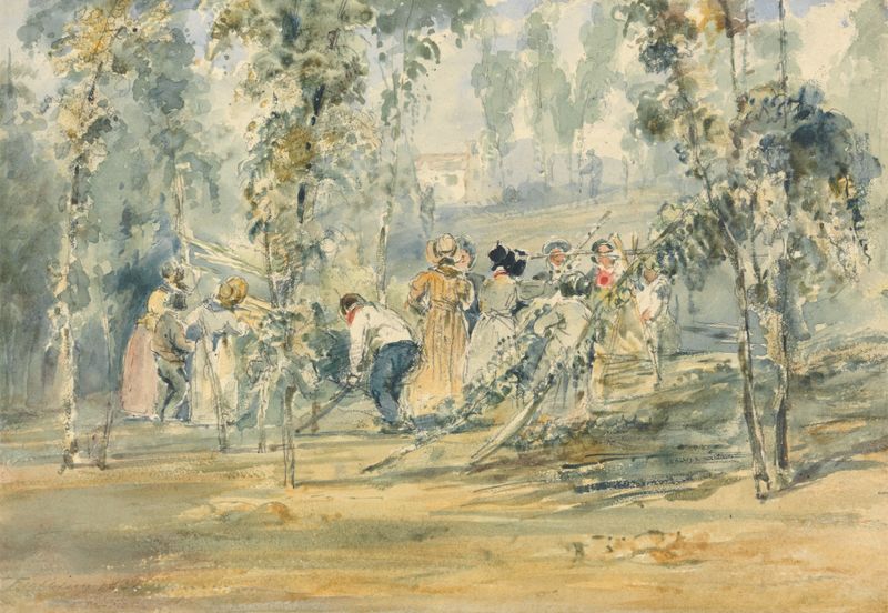 Hop Picking de Thales Fielding, óleo sobre tela retratando trabalhadores em uma cena de colheita exuberante.