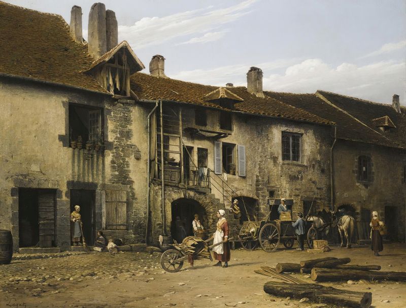 Le Village by Léon Légat, oil on canvas depicting a serene village landscape.