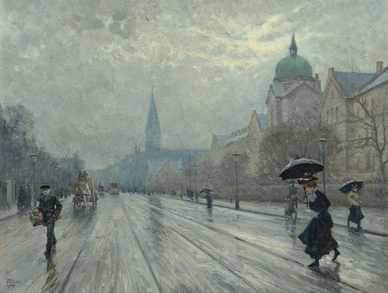A street scene in Copenhagen, oil on canvas by Paul Fischer, featuring colorful buildings and a lively crowd.