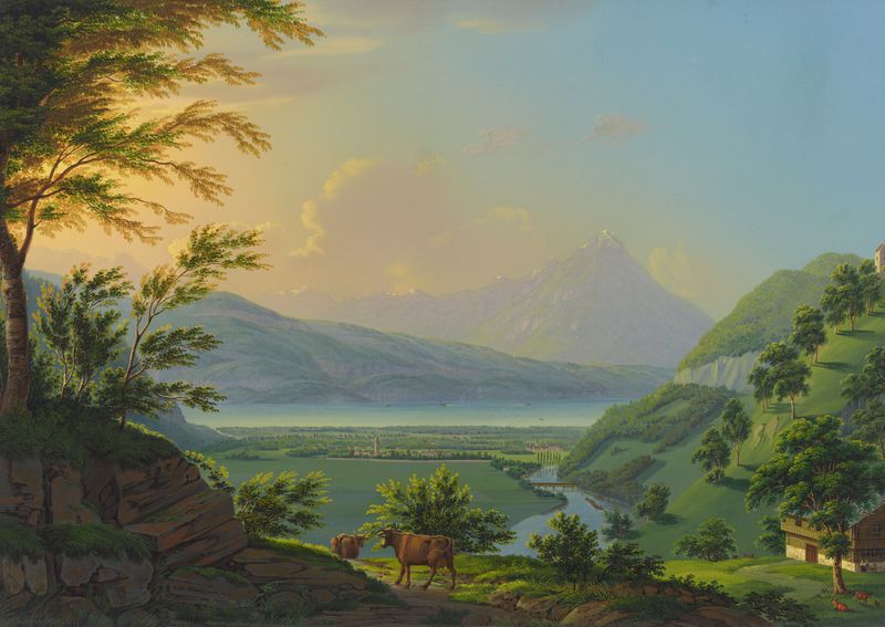 Landscape with a tranquil lake and hills by Johann Heinrich Bleuler the Younger, medium unknown.