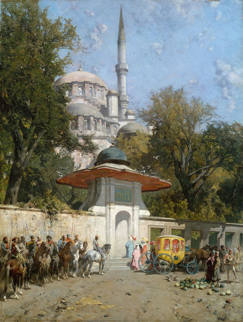 A Mosque by Alberto Pasini, oil on canvas depicting intricate arches and soft light