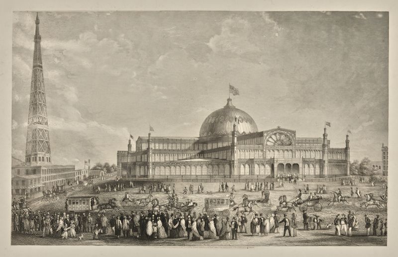 Arquitetura vitoriana do Palácio de Cristal de Nova York de Samuel Capewell, apresentando uma grande cúpula.