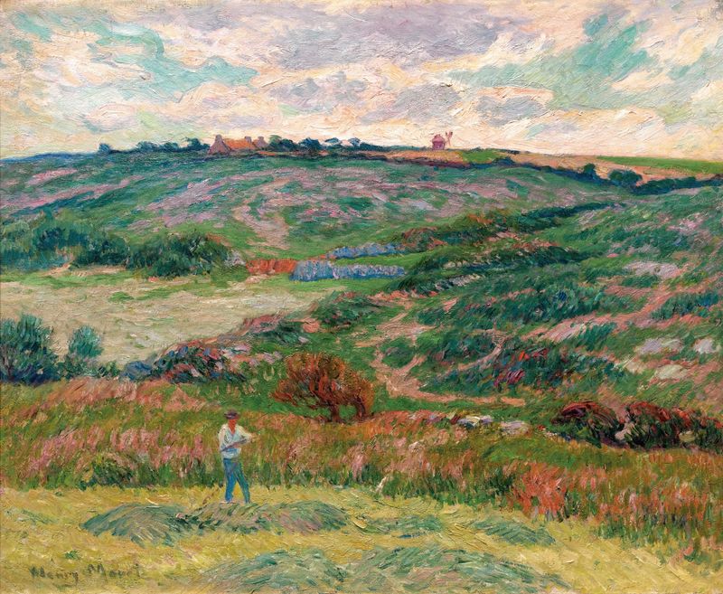 Figurative scene of a reaper in a lush landscape, oil painting by Henry Moret