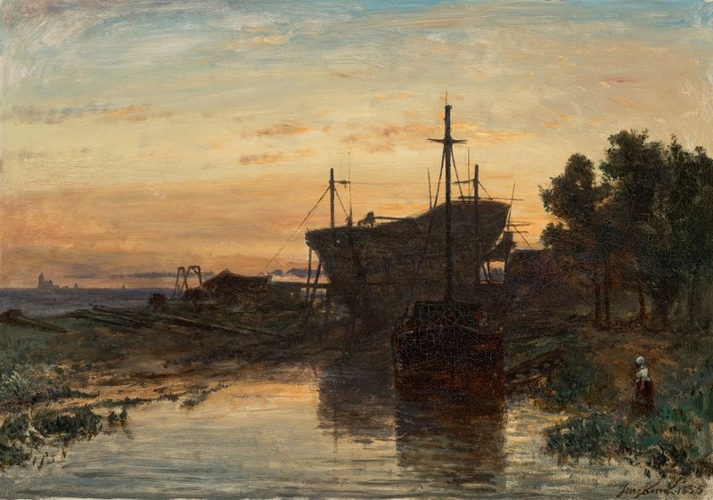 Chantier naval de Johan Barthold Jongkind, óleo sobre tela que retrata uma cena de construção naval