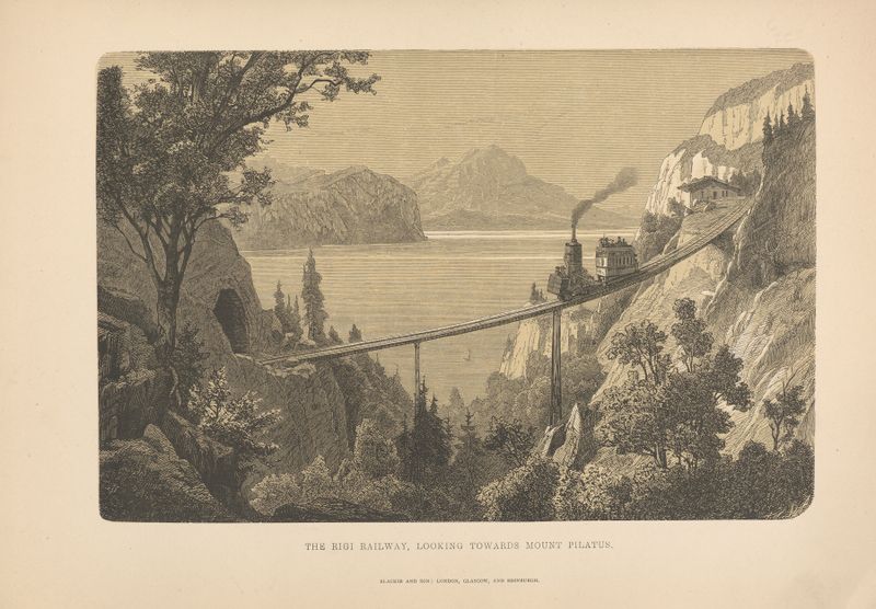 Pintura a óleo de Theodor Gsell Fels mostrando a Ferrovia Rigi e o Monte Pilatus