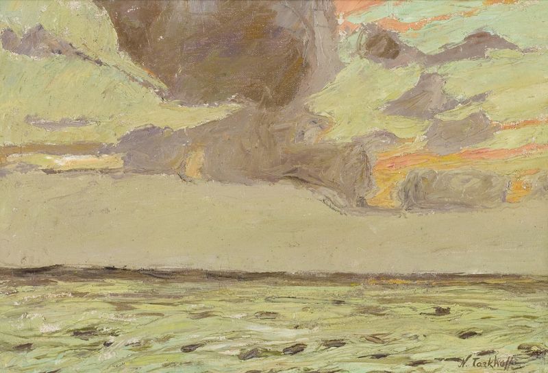 Storm by Nikolai Alexandrovich Tarkhov, oil painting depicting turbulent clouds and a dramatic landscape.
