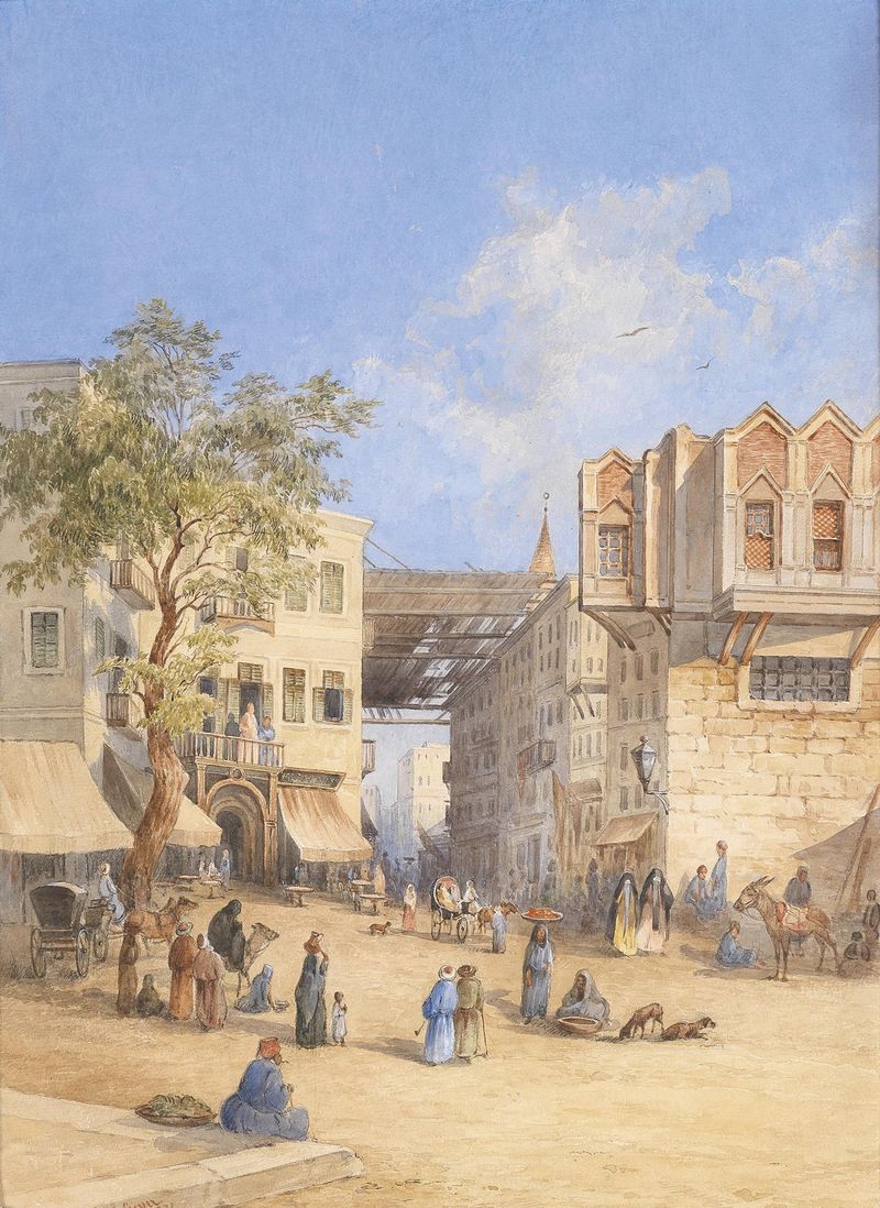Nordafrikanische Stadt by Georg Geyer, oil on canvas depicting a colorful North African city.