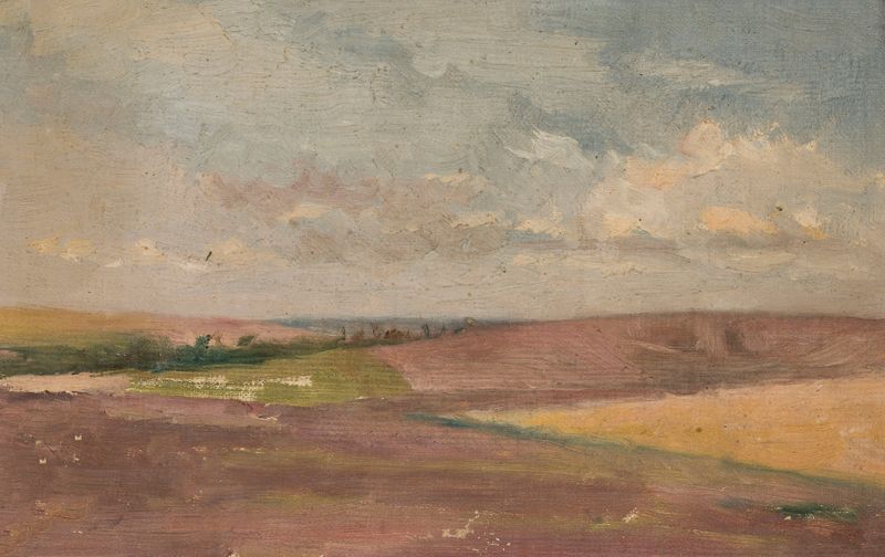 Paisagem polonesa de Jan Ciągliński, óleo sobre tela, com colinas e luz dourada ao crepúsculo.