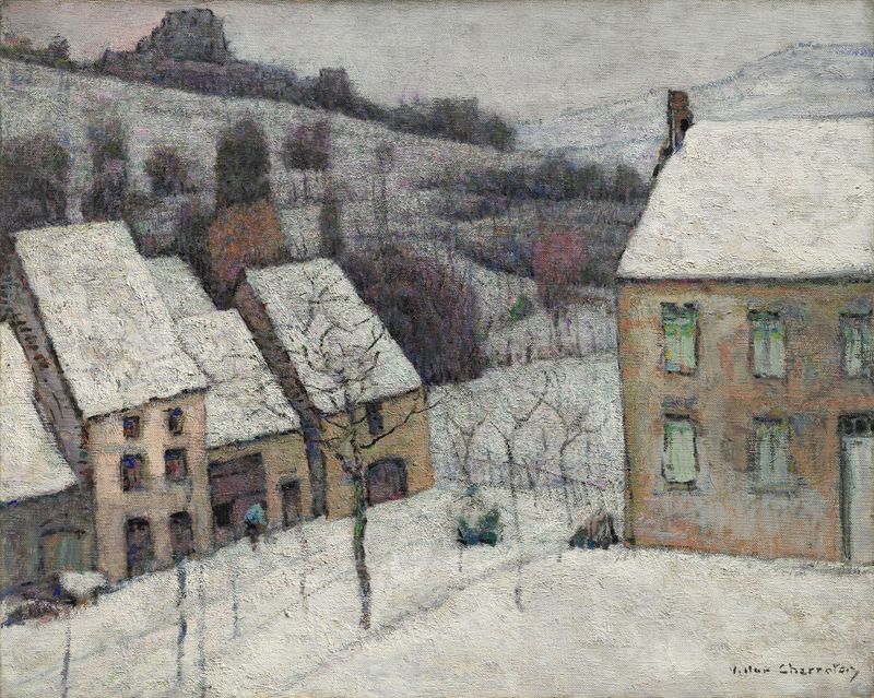 Winter landscape with snow in Murol, oil on canvas by Victor Charreton