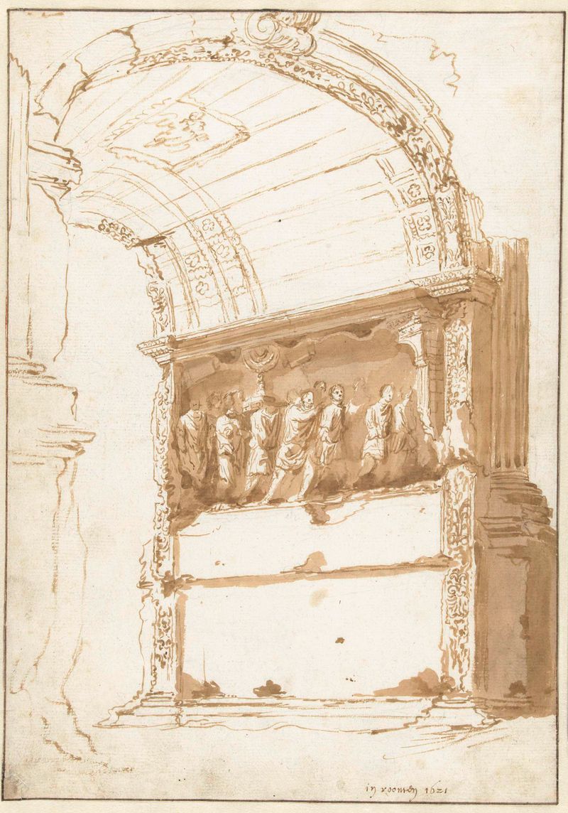 De boog van Titus de Cornelis van Poelenburch, pintura a óleo que retrata um arco antigo sob um céu ao pôr do sol.