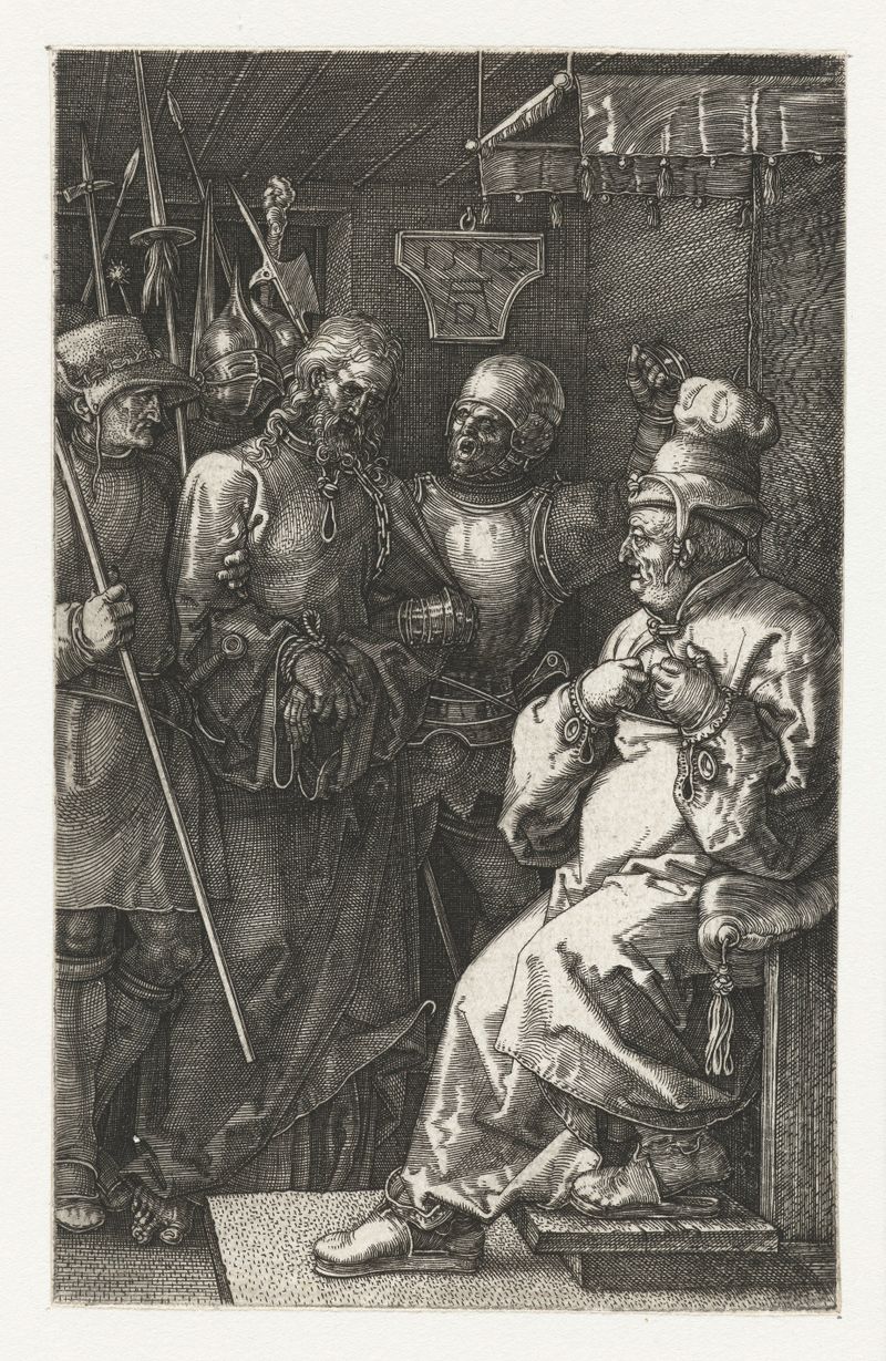 Gravura Christus voor Kajafas de Albrecht Dürer, retratando uma figura solene em vestes detalhadas.