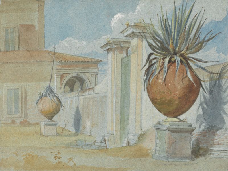 Gateway flanked by palms and earthware jars by Harry John Johnson
