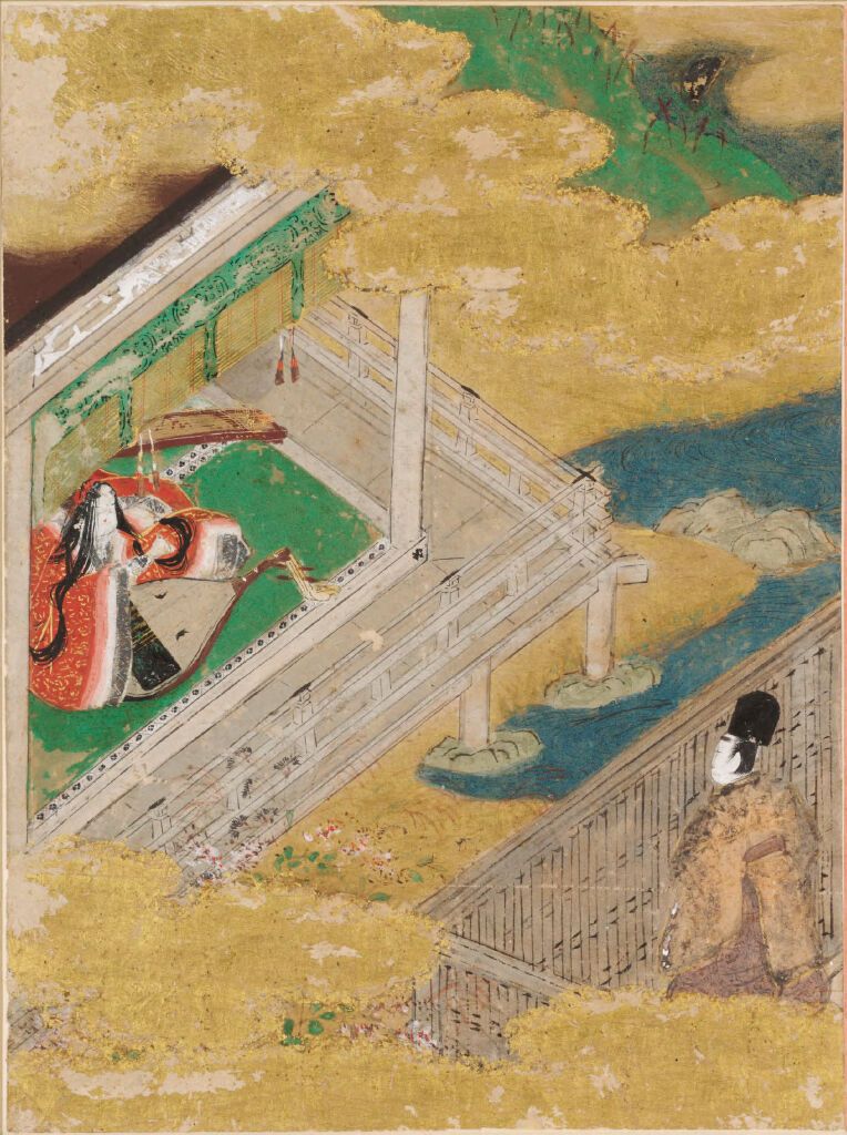 Ilustración dorada de una doncella en un puente por Tosa Mitsunobu