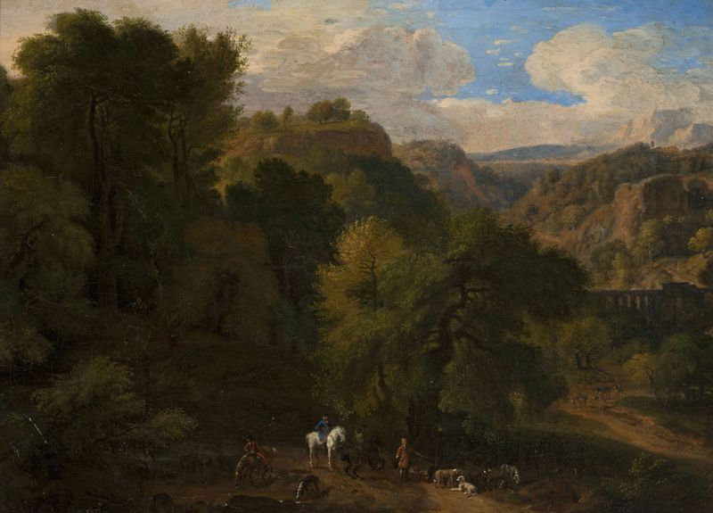 Landscape with a hunting scene by Dirk Maas, oil on canvas