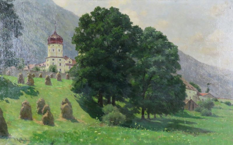 Landscape oil painting by Fritz Wilhelm Rabending featuring mountains and Stift Stams.
