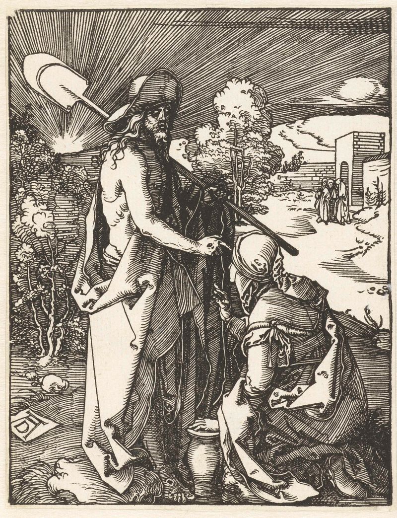 Cristo y María Magdalena en una escena religiosa, papel de Albrecht Dürer