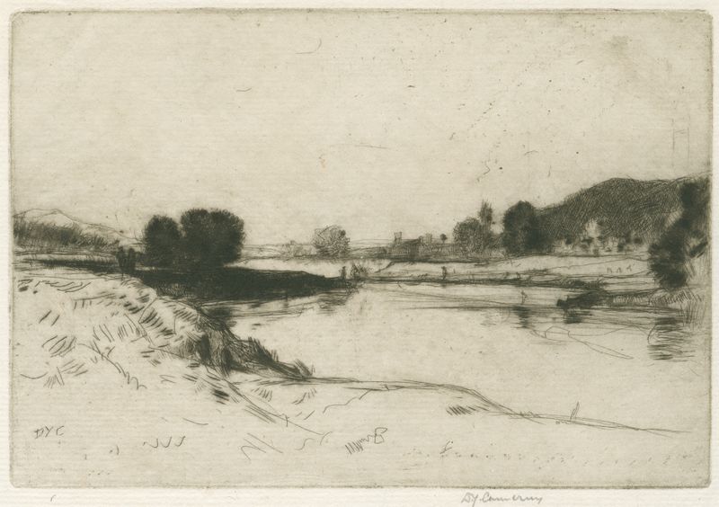 The Forth, grabado de David Young Cameron, que representa un paisaje crepuscular con río y sombras.