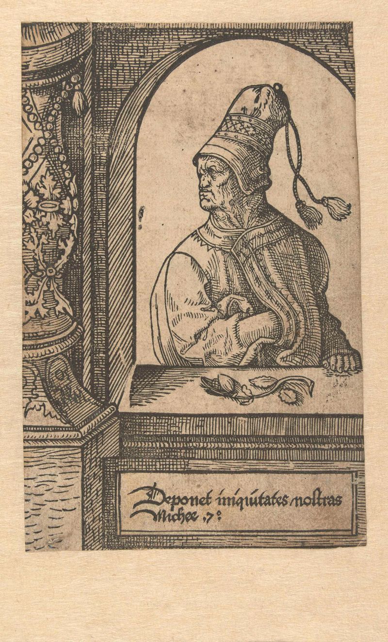 De profeet Micha, grabado de Jacob Cornelisz van Oostsanen, representa a un profeta con una intensa mirada.