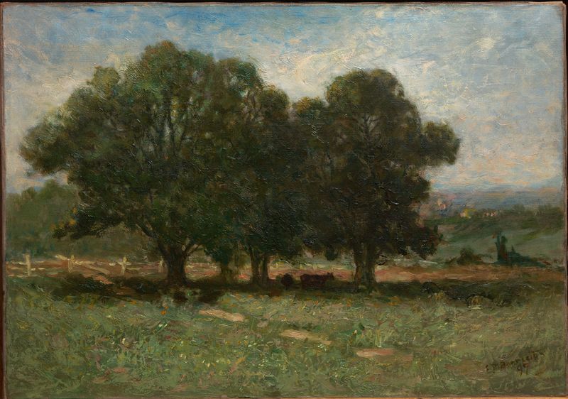 Paisagem de Edward Mitchell Bannister, óleo sobre tela, representando um rio tranquilo e um horizonte suave.
