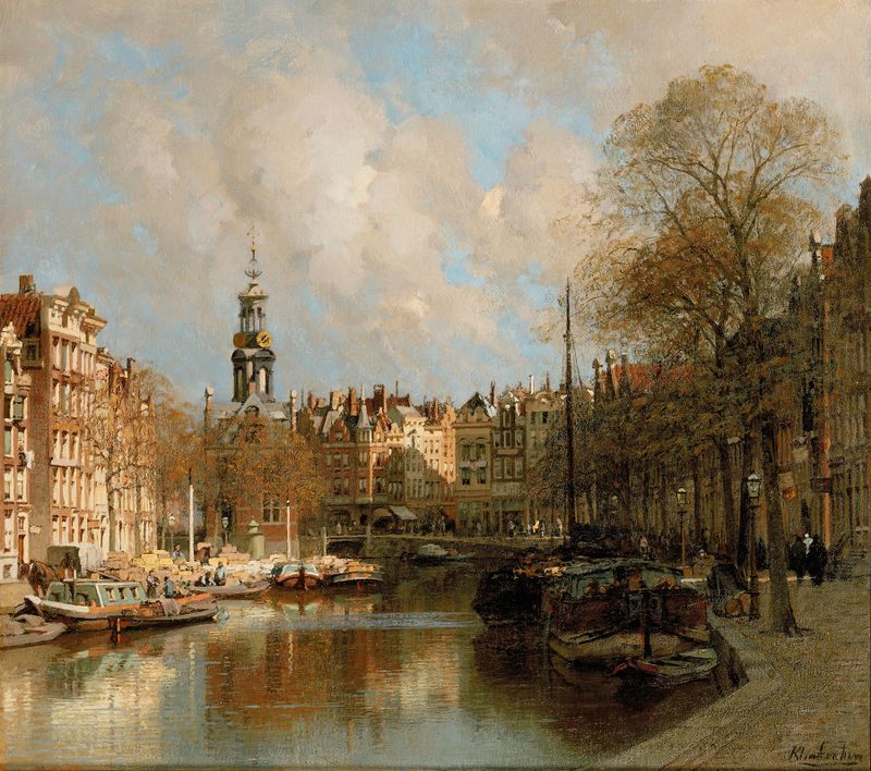 Canal landscape with buildings and reflections, oil painting by Johannes Christiaan Karel Klinkenberg