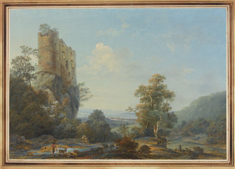 Schloss Reichenstein bei Arlesheim by Johann Joseph Hartmann, oil painting depicting a castle at twilight