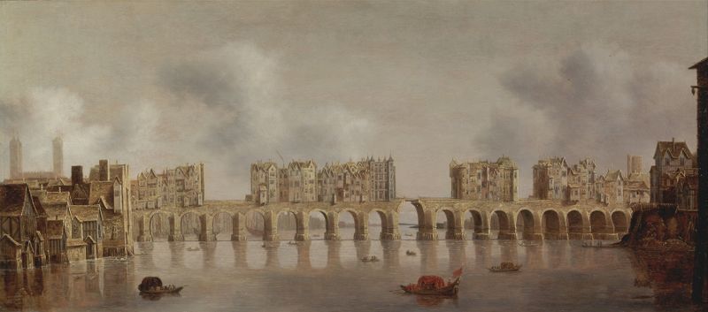 View of London Bridge by Claude de Jongh, oil painting depicting a serene river landscape.