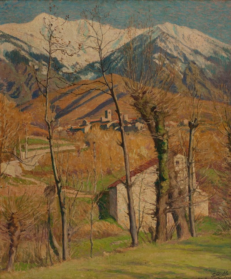 Winter landscape featuring Le Canigou mountain by Georges Daniel de Monfreid, oil painting.
