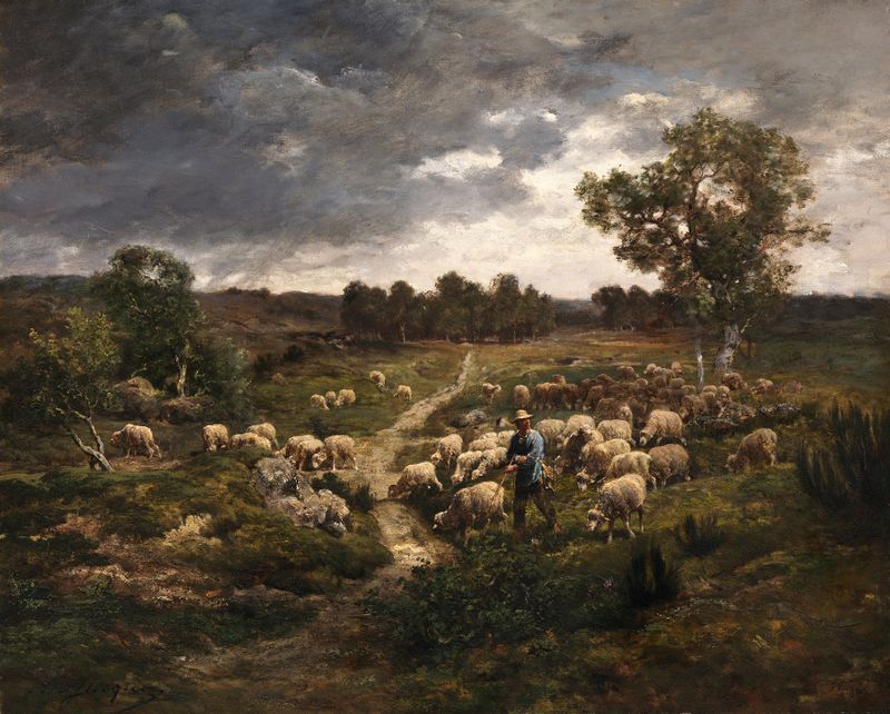 Ovelhas de Charles Emile Jacque, realismo, representando ovelhas em uma paisagem tranquila