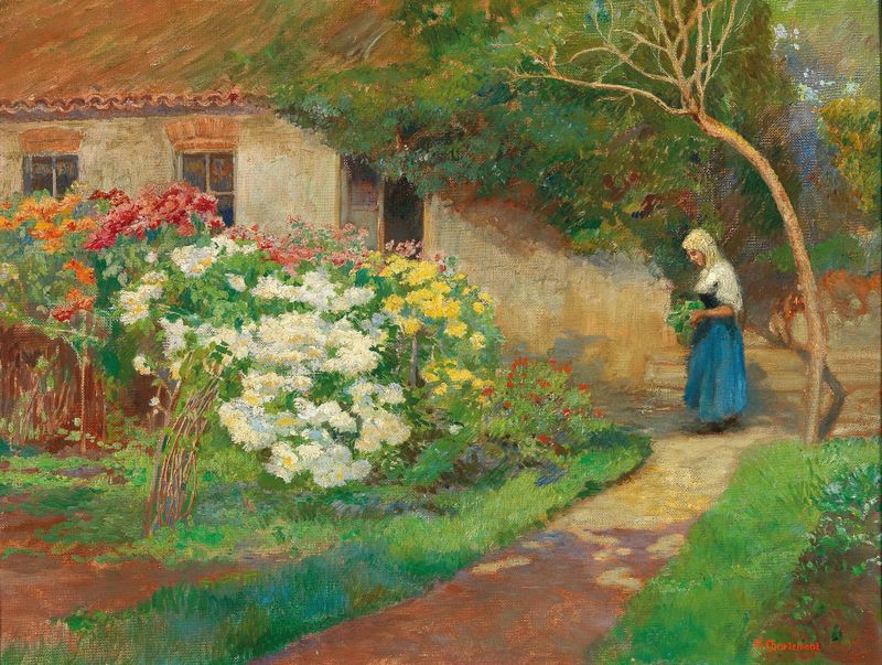 A young girl kneels in a garden holding vibrant blooms, oil painting by Hugo Charlemont.