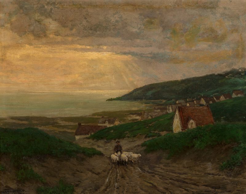 Early Morning by Julian Onderdonk, oil on canvas depicting a serene landscape with dew on grass.