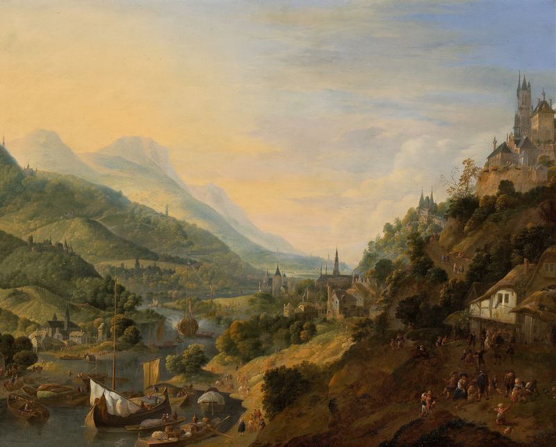 A Rheinish Landscape by Jan Griffier, oil on canvas depicting a tranquil river and distant horizon.
