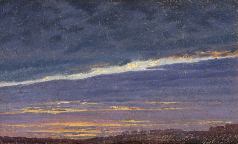 Paisaje al atardecer con nubes en espiral, óleo sobre lienzo de Caspar David Friedrich