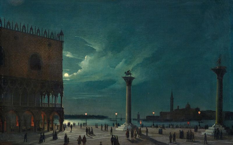 Venice the Piazzetta in the Moonlight by Luigi Querena, oil painting depicting moonlit architecture.