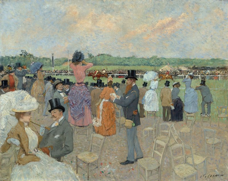 As Corridas em Longchamp, óleo sobre tela de Jean-Louis Forain, apresentando uma cena animada de corridas de cavalos.