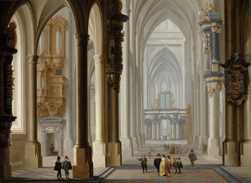 Interior de una iglesia gótica, pintura al óleo de Dirck van Delen