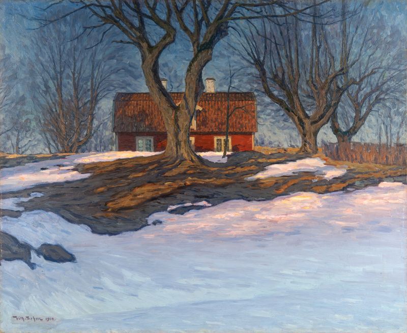 March Evening, Södermanland de Vilhelm Behm, óleo sobre tela retratando uma paisagem ao crepúsculo com árvores.