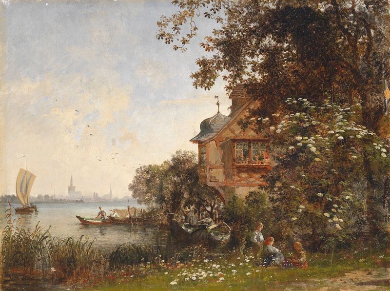 Landscape of Konstanz with water and architecture, oil painting by Karl Weysser