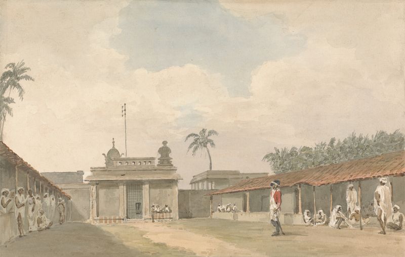 Pintura figurativa a óleo de Samuel Davis apresentando um sargento sepoy em um compound.