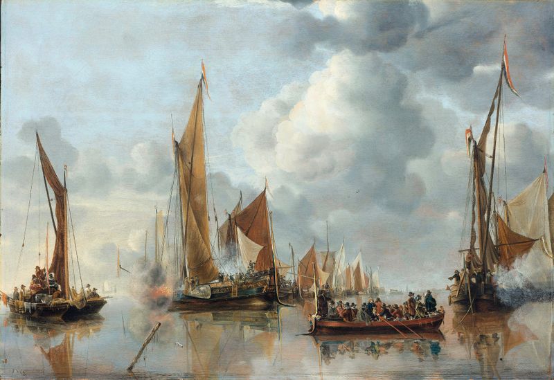 The Home Fleet Saluting the State Barge by Jan van de Cappelle, oil painting depicting a regal ceremony on water.