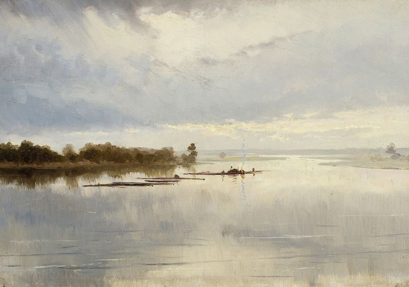 River landscape by Ferdynand Ruszczyc, depicting a tranquil river scene with reflections and soft light.