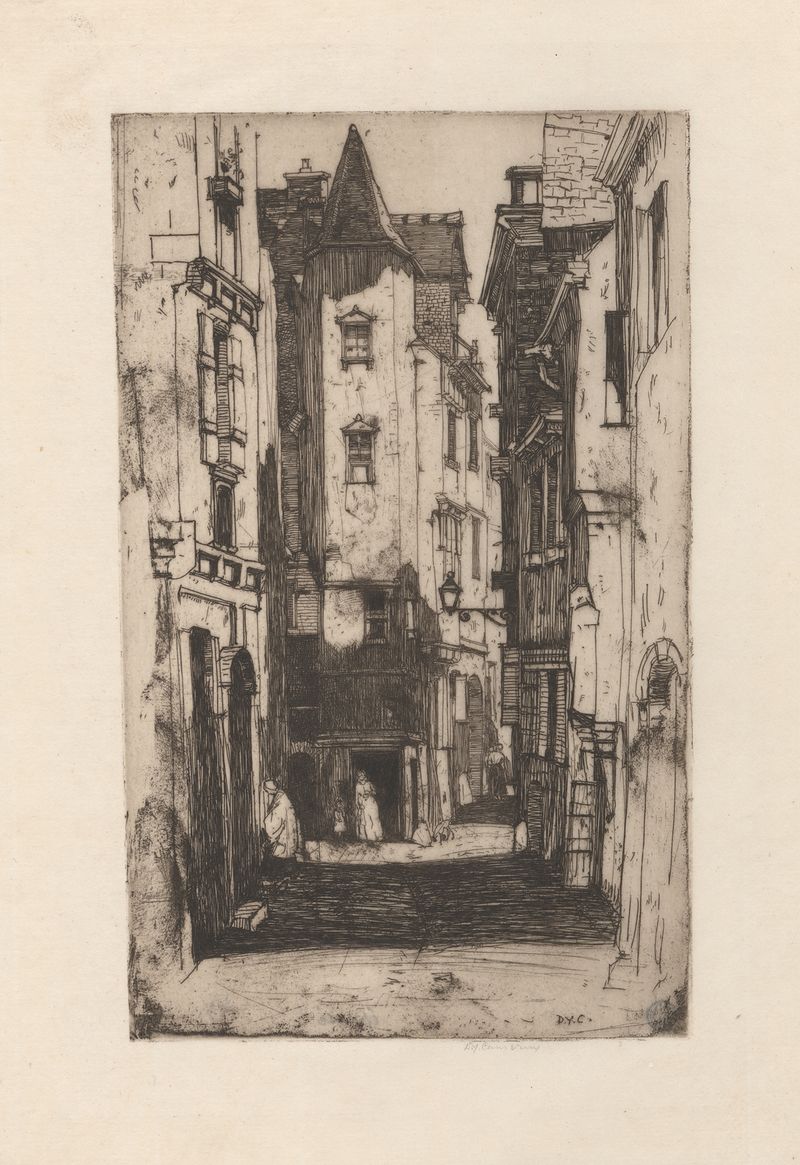 Grabado de David Young Cameron que muestra un paisaje con calles de adoquines en Angers.