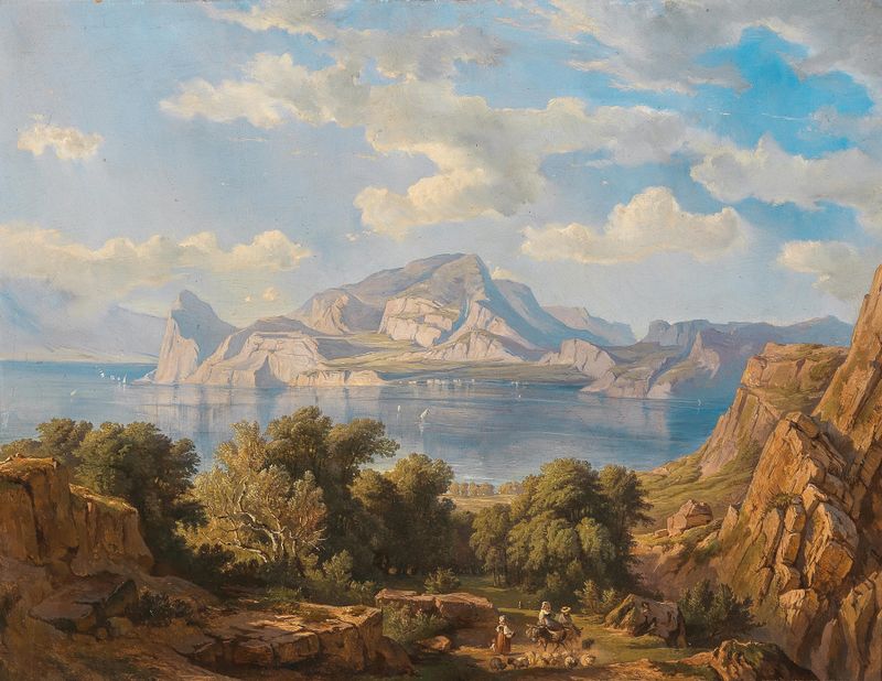 Landscape oil painting by Fritz Bamberger featuring Capo Miseno and Vesuvius.