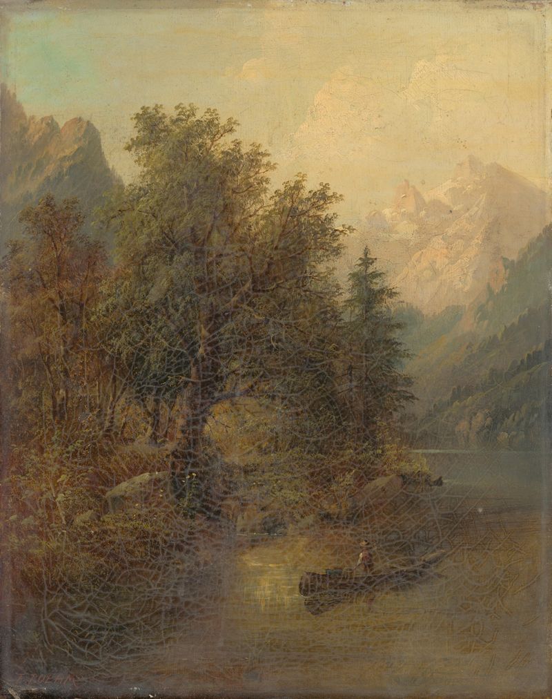Alpine Landscape with a Boat by Eduard Boehm, oil painting depicting mountains and a serene lake.