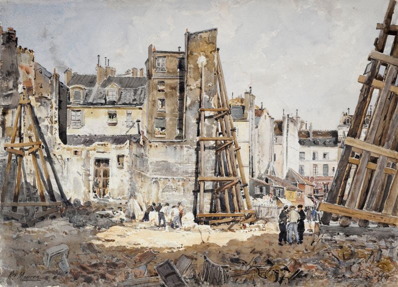 Genre scene of workers in Le percement de la rue Danton, oil on canvas by Henri Laurent Mouren